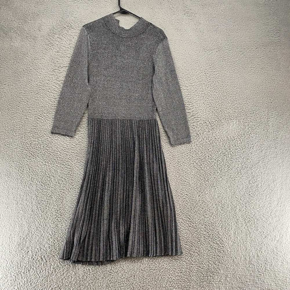 Tahari Sweater Dress Womens M Silver Lurex Pleated Fit Flare Midi Party Metallic